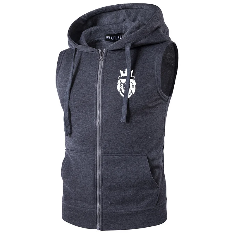 Autumn Men's Casual Hoodie Coat Sleeveless Top Lion Print Tank Top Fashion Hoodie Vest for Men Sweatshirt Coat