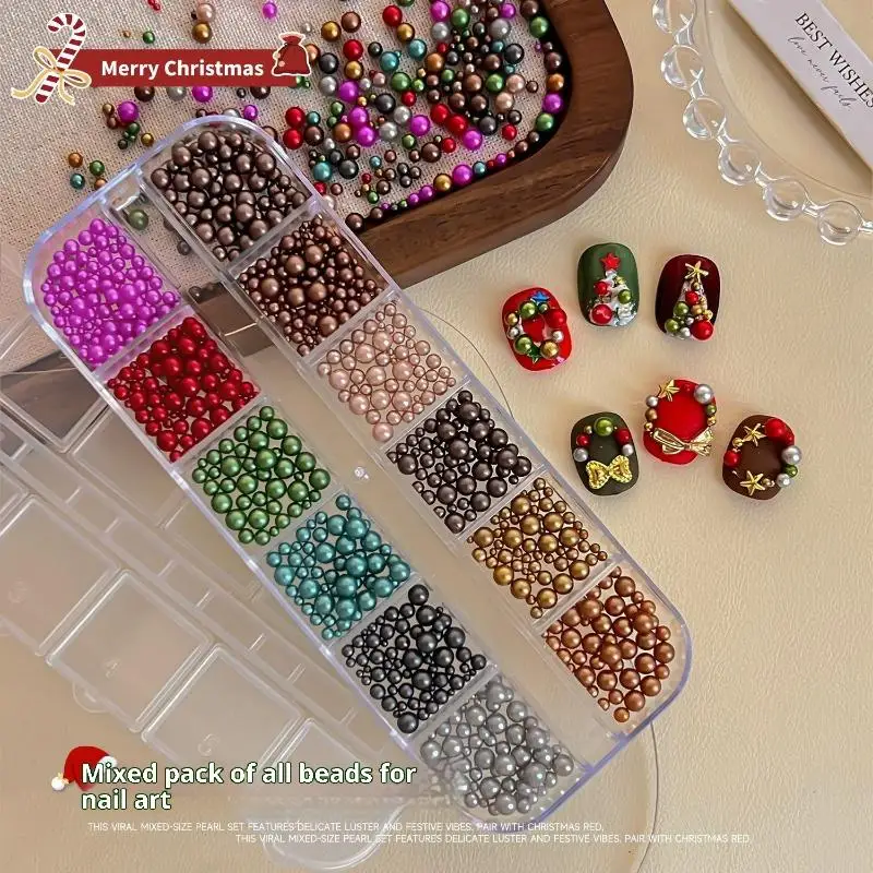12 Grids Mixed Round Pearls Colourful Stereoscopic Nails Art Decoration Nail Rhinestones Nail Charm Nail Accessories DIY