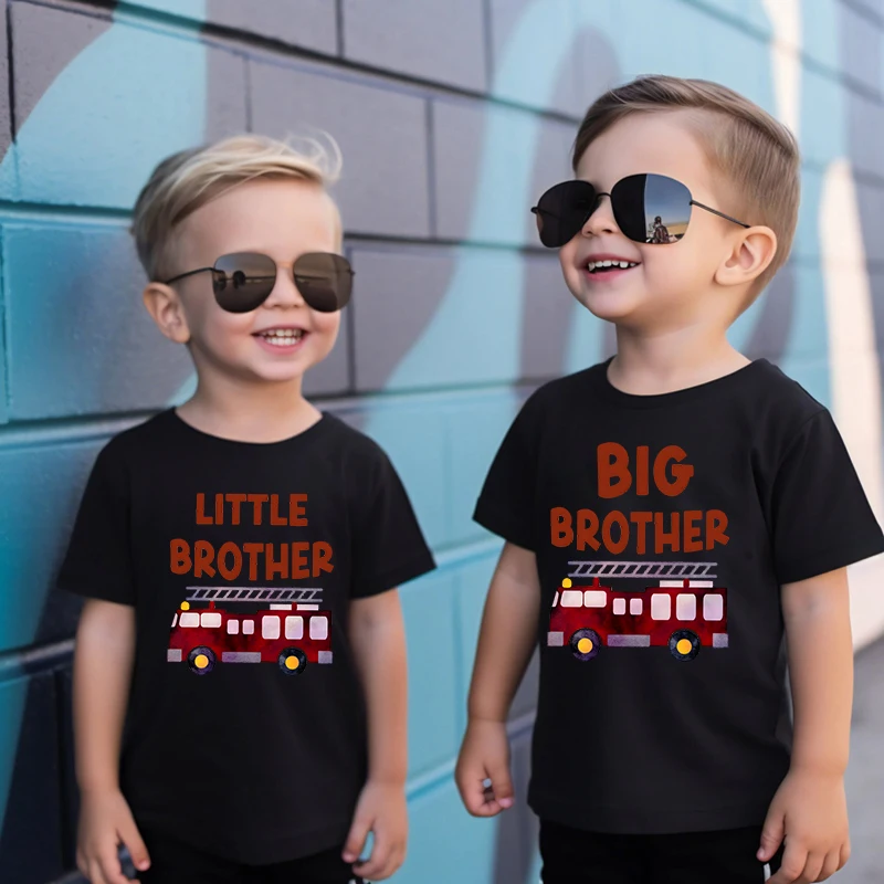 Red Fire Truck Big Brother Little Brother Matching T-shirt Sibling Family Matching Outfit Fire Truck Brother Matching Set Tshirt