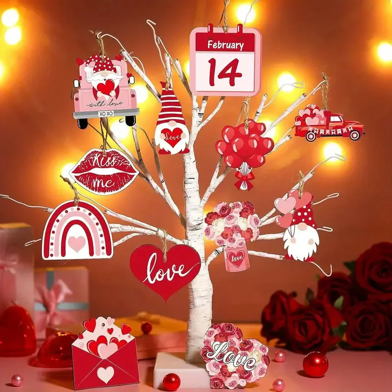 24Pc Romantic Valentine's Day Theme Wooden Tree Pendant Red Heart Door Hangers Gift Tag for Wedding Anniversary Party Decoration