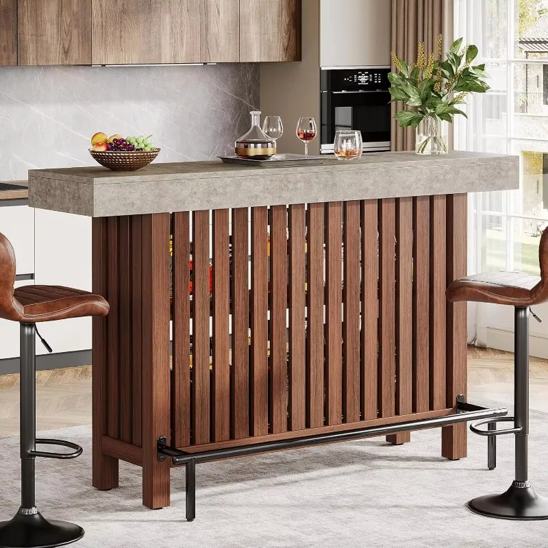 63-Inch Large Home Bar Unit, Kitchen Island Mini Bar Height Pub Table with Footrest, Modern Coffee Bar Cabinet