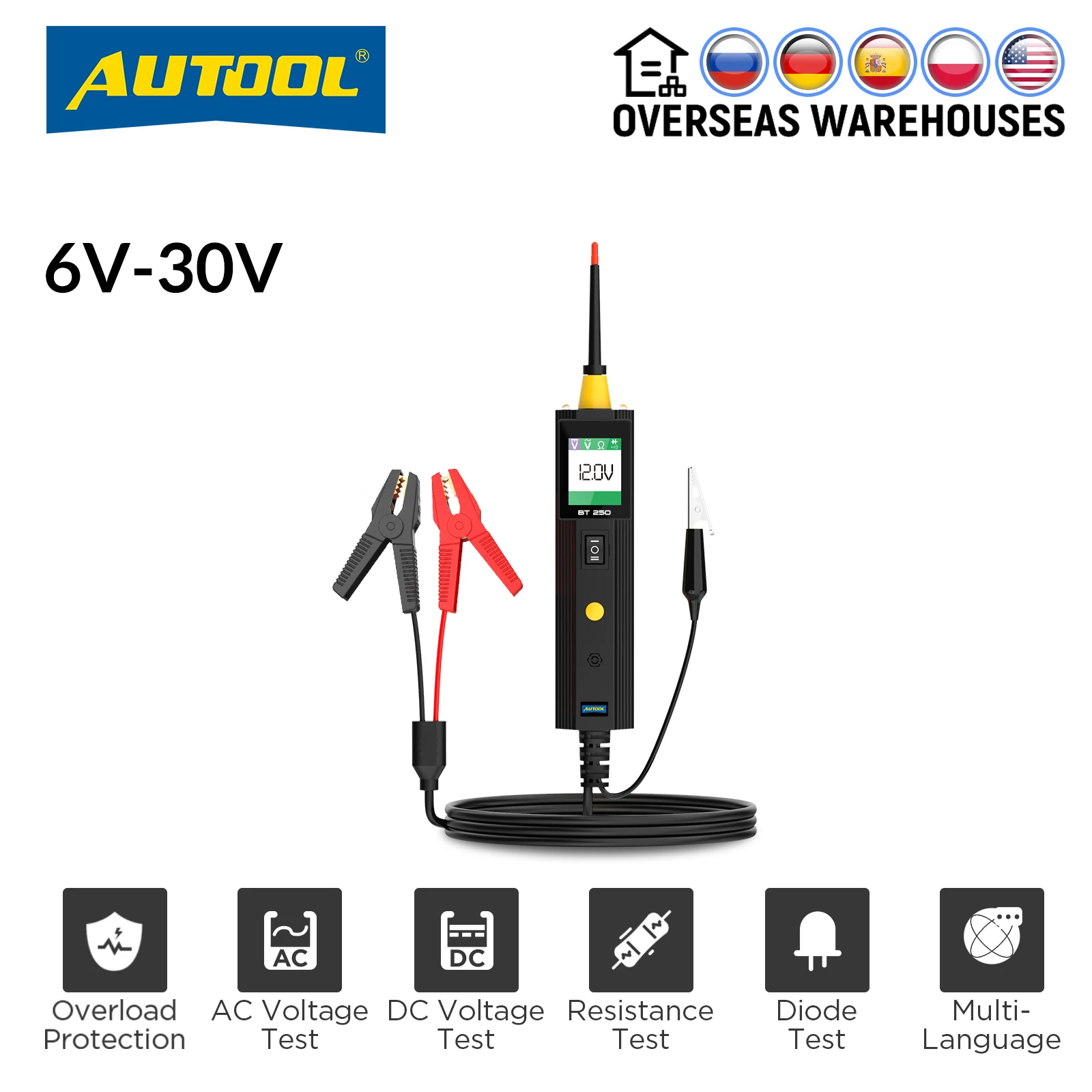 AUTOOL BT250 Car Circuit Tester Power Probe 6-30V  AC DC Voltage Resistance Diode Polarity Test Continuity Test Powerscan Tool