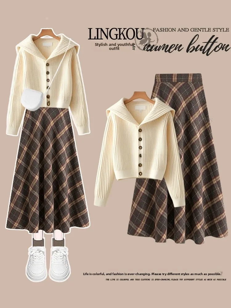 

Elegant plus Size Knitted Sweater Cardigan And Plaid Skirt Two Piece Set for Women High Waist Slimming Autumn Fashion