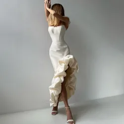 Chic Asymmetrical Beige Party Dresses Ruffled Bottom Strapless Prom Gown Women Silk Satin Formal Occasion Dress Irregular Gowns