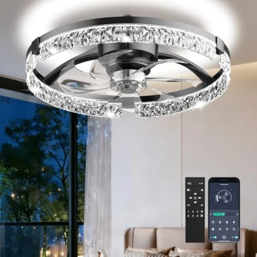 

20" Low Profile Ceiling Fan with Light and Remote Dimmable LED Flush Mount Ceiling Fan 6 Speeds White Modern Design for Bedroom