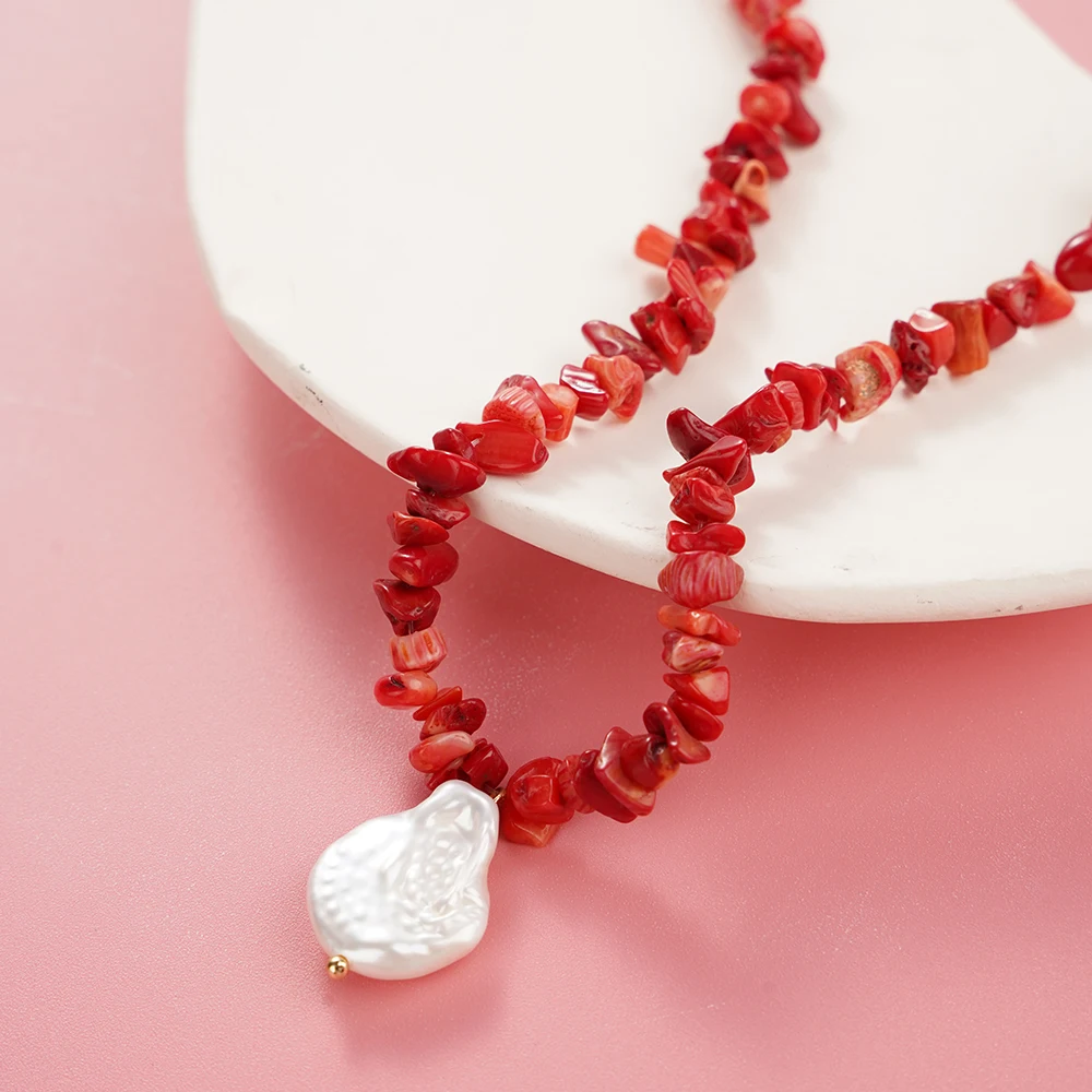 

Red Natural Coral Stones Rose Quartz Amethyst Natural Pearl Pendant Necklace Fashionable Women Beaded Collar Y2k Accessories