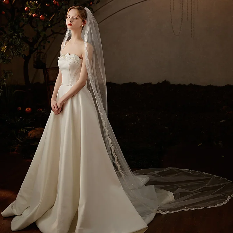 حجاب واحد من الدانتيل الأبيض وحجاب اللؤلؤ ذيل طويل تاج الزفاف #5