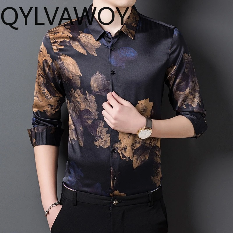 QYLVAWOY 92.4% Mulberry Silk Men's Shirts Long Sleeves Shirt Spring Autumn Shirts for Man High-end Man Clothing Printed Shirts