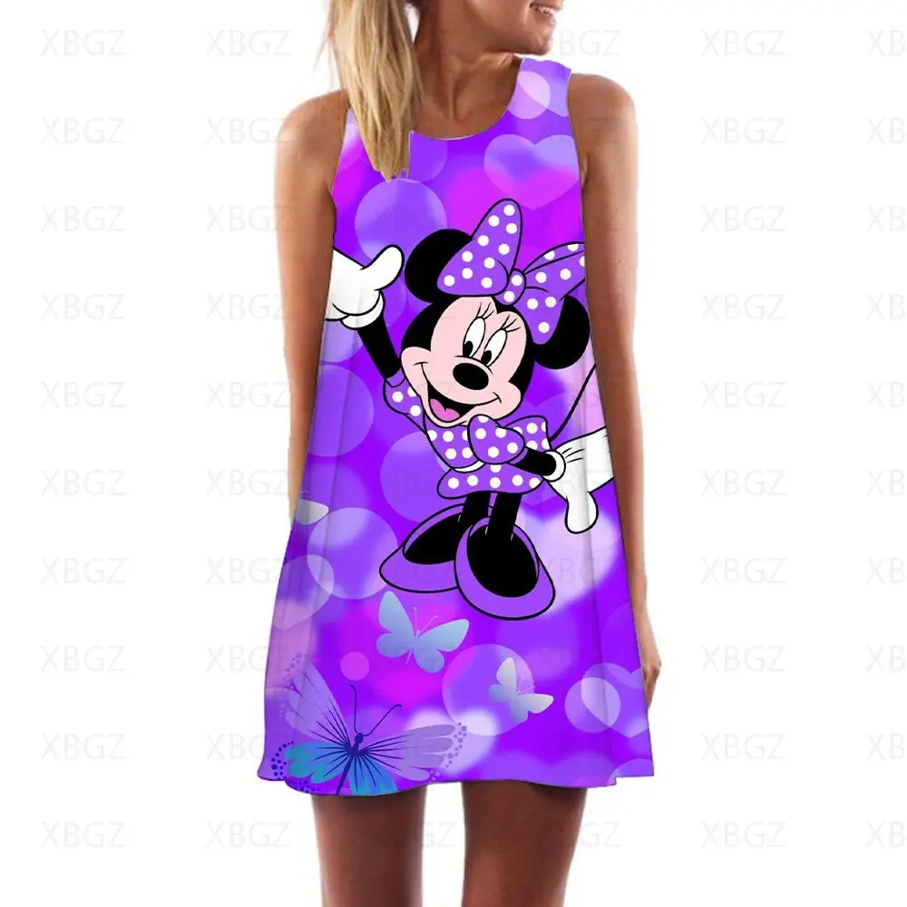 

Summer Dresses Woman 2022 Minnie Mouse Cool Women's Sundresses Beach Dress Sexy Boho Mickey Cartoon Loose Mini Sleeveless Print