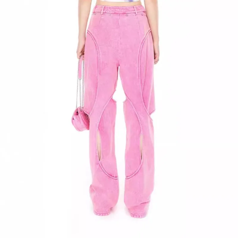 Women Skeleton Perspective Irregular Barbie Pink Denim Long Pants Casual Pants Thin Spring and Autumn Breathable Cool Fashions