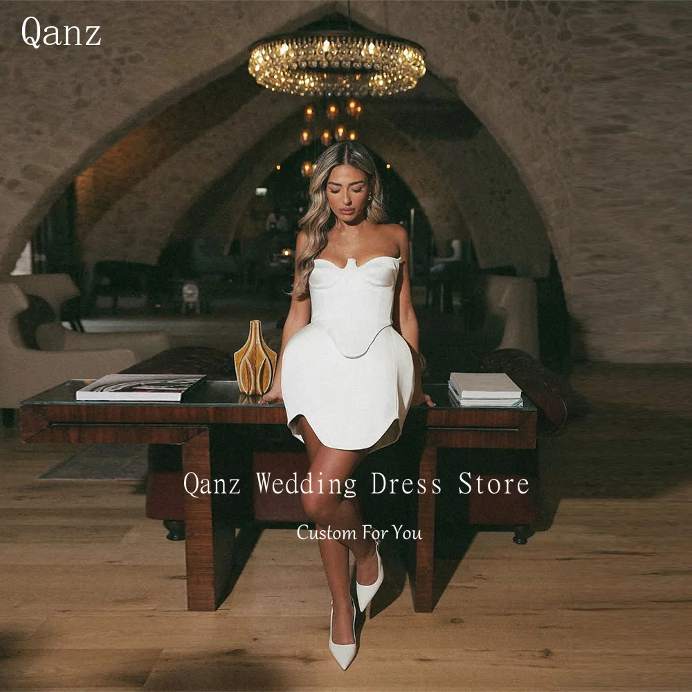Qanz Avorio Mini Abiti da sposa Beach Sweetheart Morbido raso senza maniche Abiti da sposa sexy Abiti da sposa Civili personalizzati