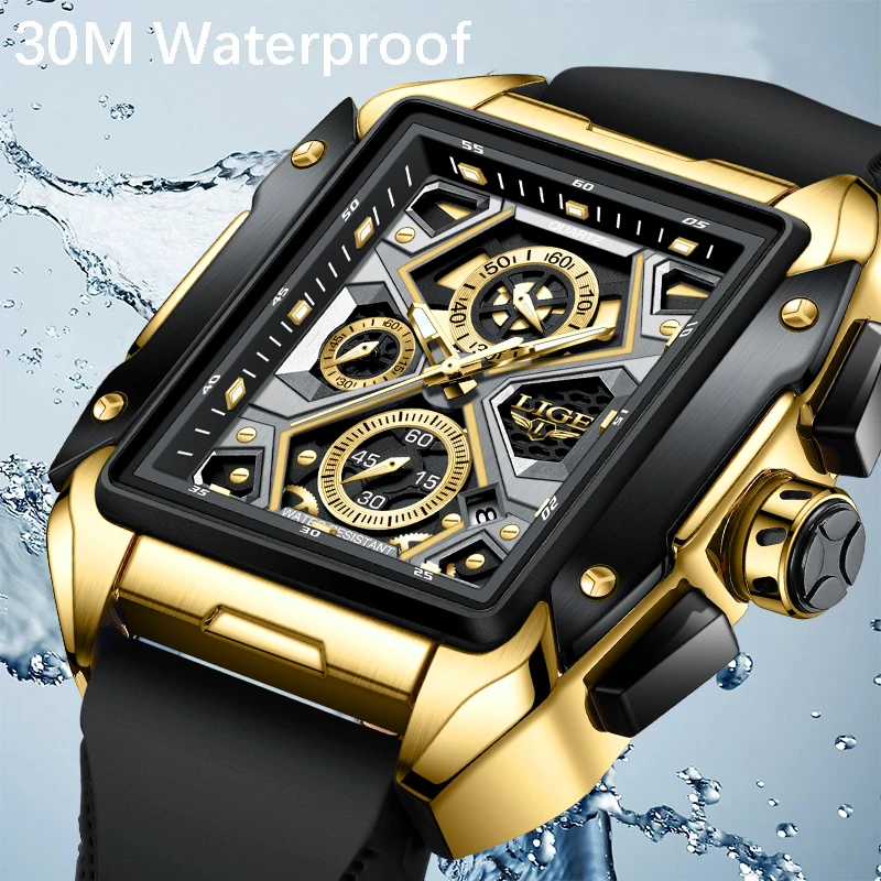 LIGE-Relógio Quadrado de Quartzo de Silicone Masculino, Impermeável, Casual, Esporte, Militar, Oco, Cronógrafo, Relógio, Caixa, Moda de Luxo