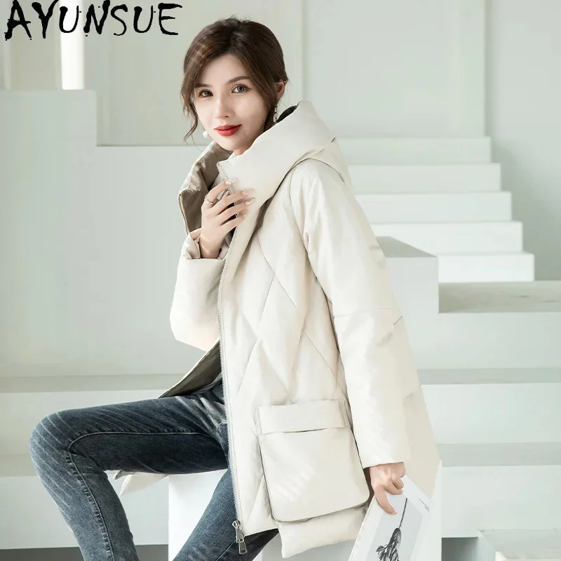 

90% AYUNSUE White Duck Down Jackets for Women 2024 Real Sheepskin Coat Mid-length Hooded Parkas Korean Style Leather