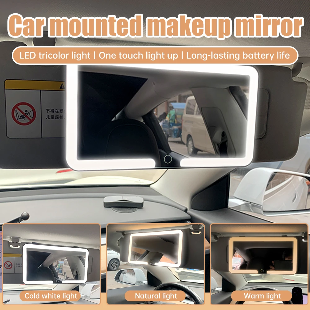 1pc Car LED Makeup Mirror HD Mirror Three Gear Adjustment Sun Visor Plate Interior RearMirror Dimmable Auto Vanity Mirror