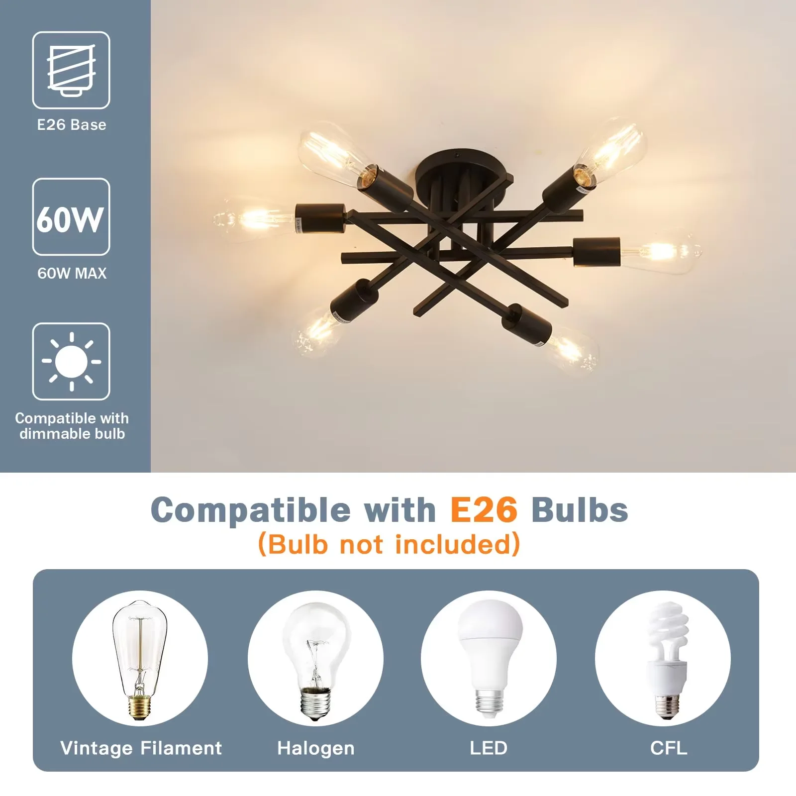 Semi Flush Mount Modern Ceiling Light Fixture， 6 Lights Black Vintage Matte Sputnik Chandelier Ceiling Lamp with E26 Bulb Base