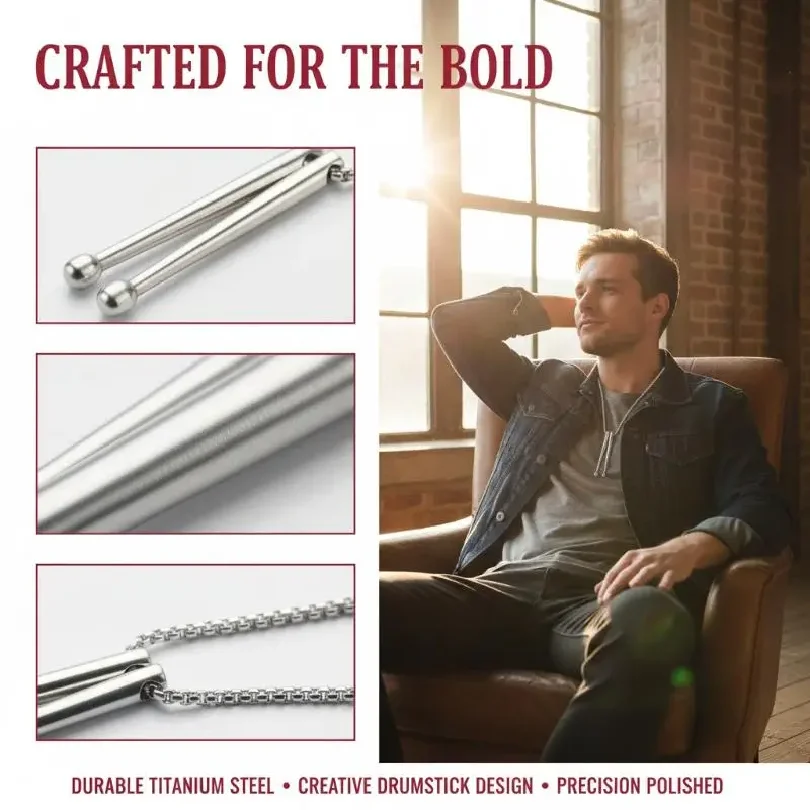 Men Stainless Steel Necklace Drumsticks Pendant for Rockers Jazz Band Drummers Music Festival Gift