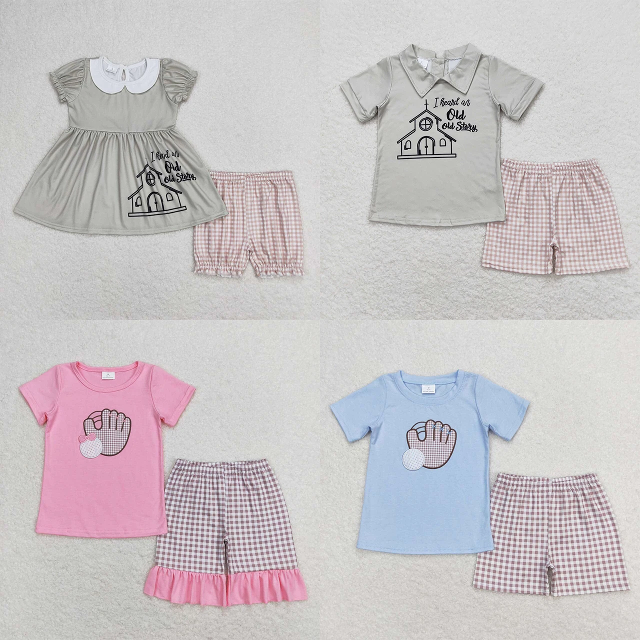 

Wholesale Children Embroidery Baseball Summer Set Kids Short Sleeves Cotton Shirt Plaid Shorts Baby Boy Girl Two Pieces Outfit