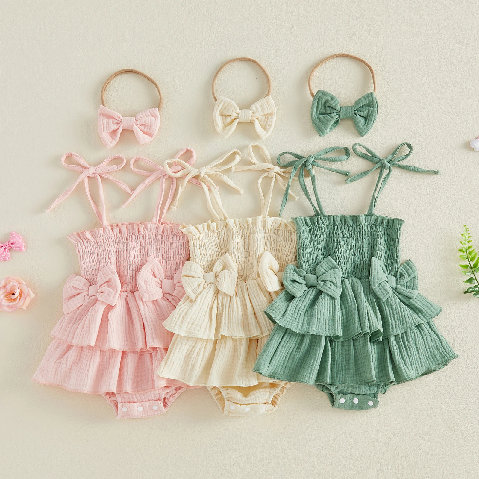 Sweet Newborn Girl Lace Rompers Tie-up Sleeveless Bodysuits Dress with Bowknot Hairband Summer Baby Clothes