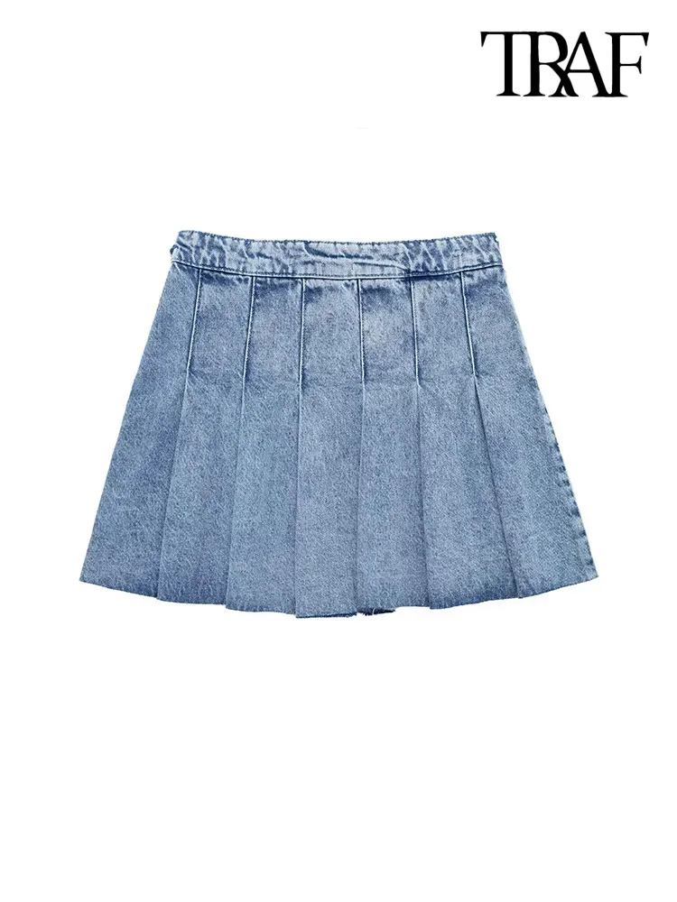 TRAF Women Fashion Wide Pleated Denim Mini Skirt Vintage High Waist Side Zipper Female Skirts Mujer