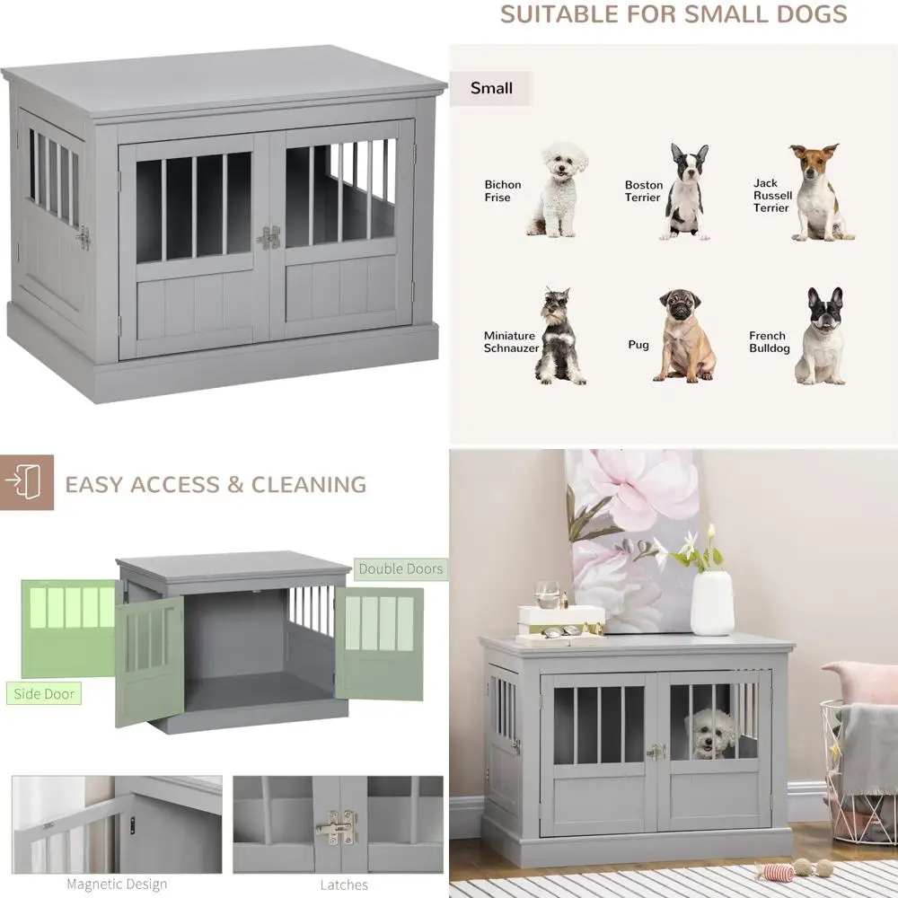 

Indoor Wooden Small Dog Crate with Triple Doors, Puppy Furniture for Home, Dark Gray, Suitable for Pet Crates and End Tables