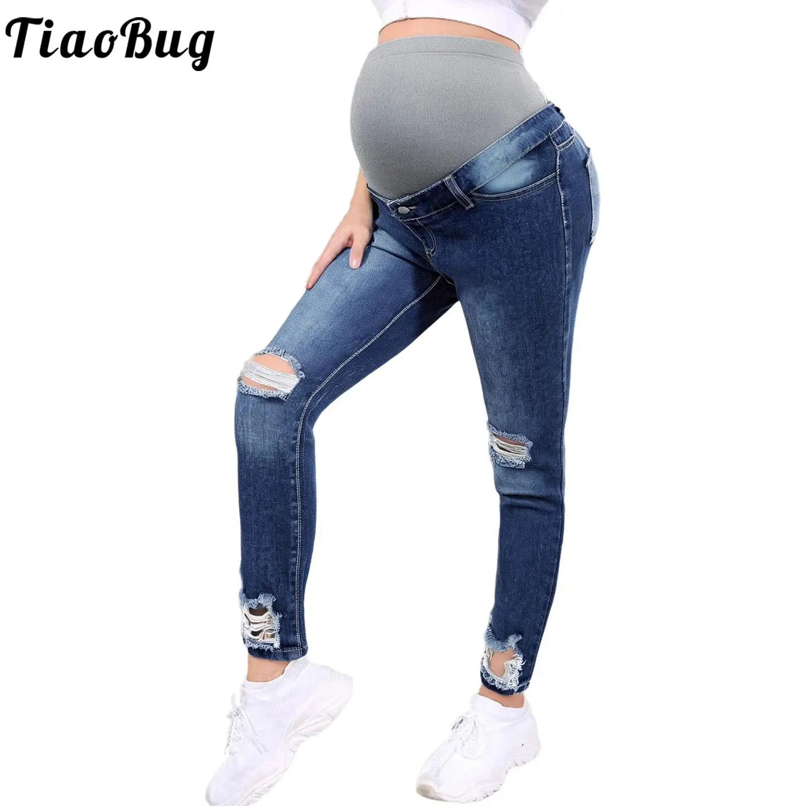 Women's Maternity Loose Ripped Denim Pants with Pockets Jeans Straight Leg Over Belly Comfy Pregnancy Trousers Casual Daily Wear