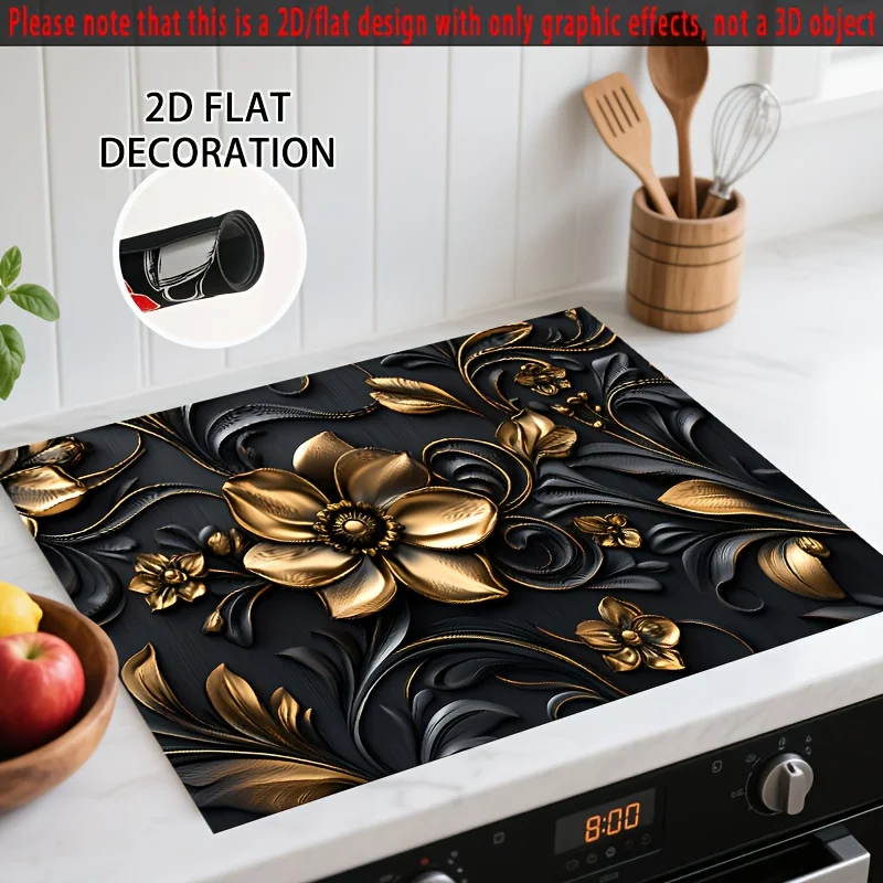 Golden Floral Print Stove Top Cover Mat, Non‑Slip Washable Cooktop Protector Pad Household Kitchen Electric Stove Decor