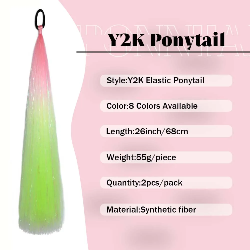2 Packs Y2K Braided Colorful Synthetic Hair 26 Inch  with Elastic Tie Ponytail Extensions with Tinsel, for Party Mussic festival