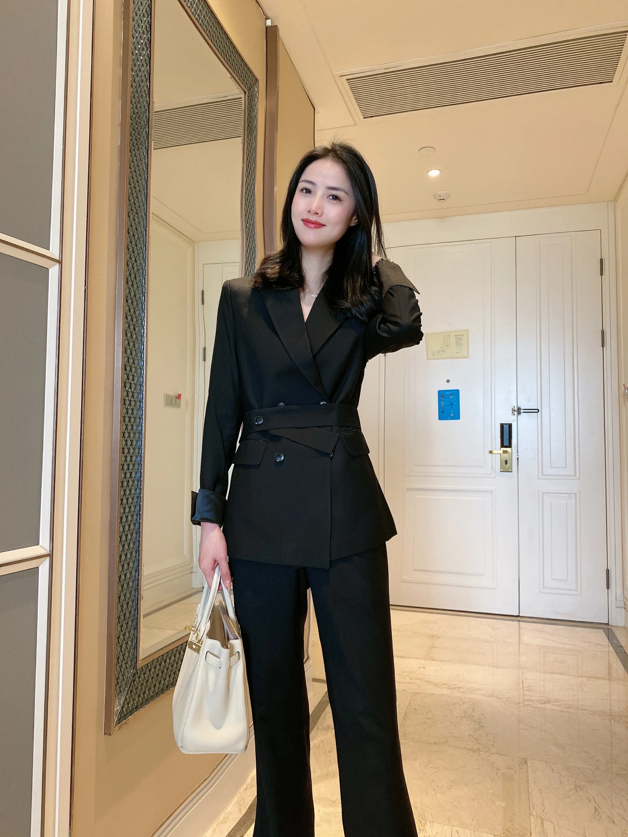 

Bla Slim Fit Double Breasted Bow Tie Suit Set for Women Faionable Trousers Pants Commute Sle Long Sve Pure Color