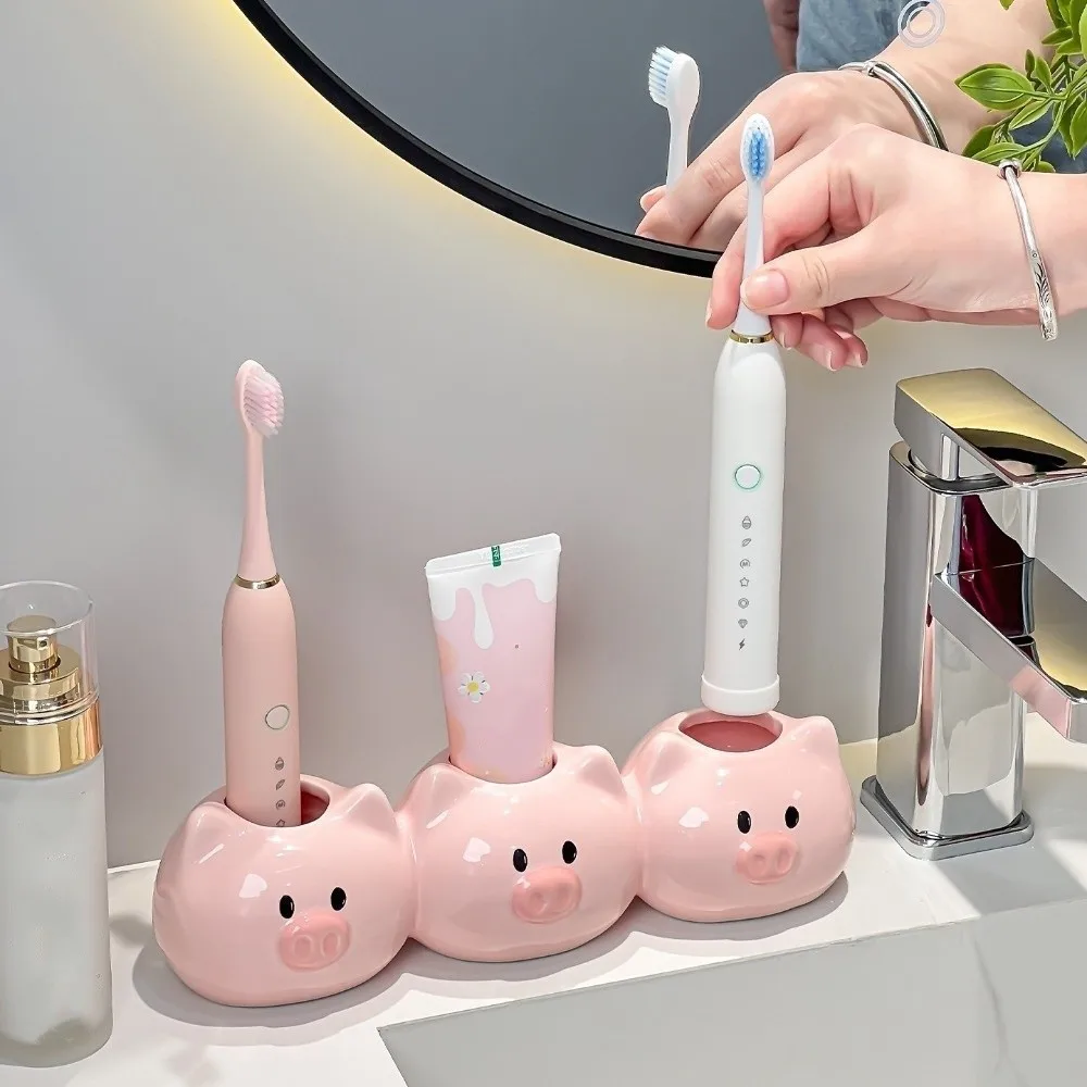 Ceramic Electric Toothbrush Holder Piggy Design Cartoon Toothpaste Toothbrush Base Space Saving Decorative Washbasin Rack