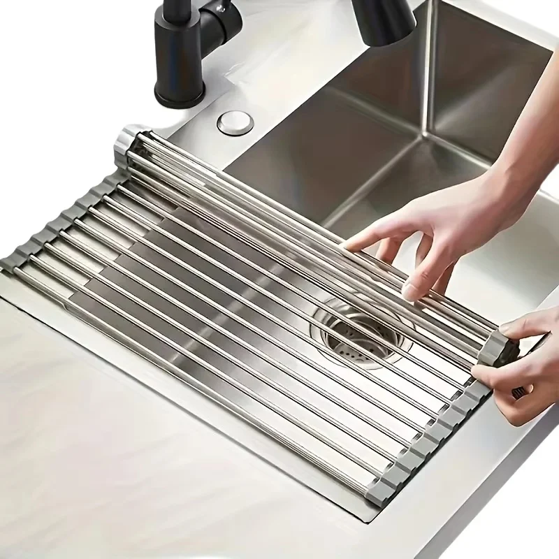 1pc Foldable Stainless Steel Dish Drainer Roll Up Dish Drying Rack Shelf Kitchen Sink Holder Organizer Bowl Tableware Plate