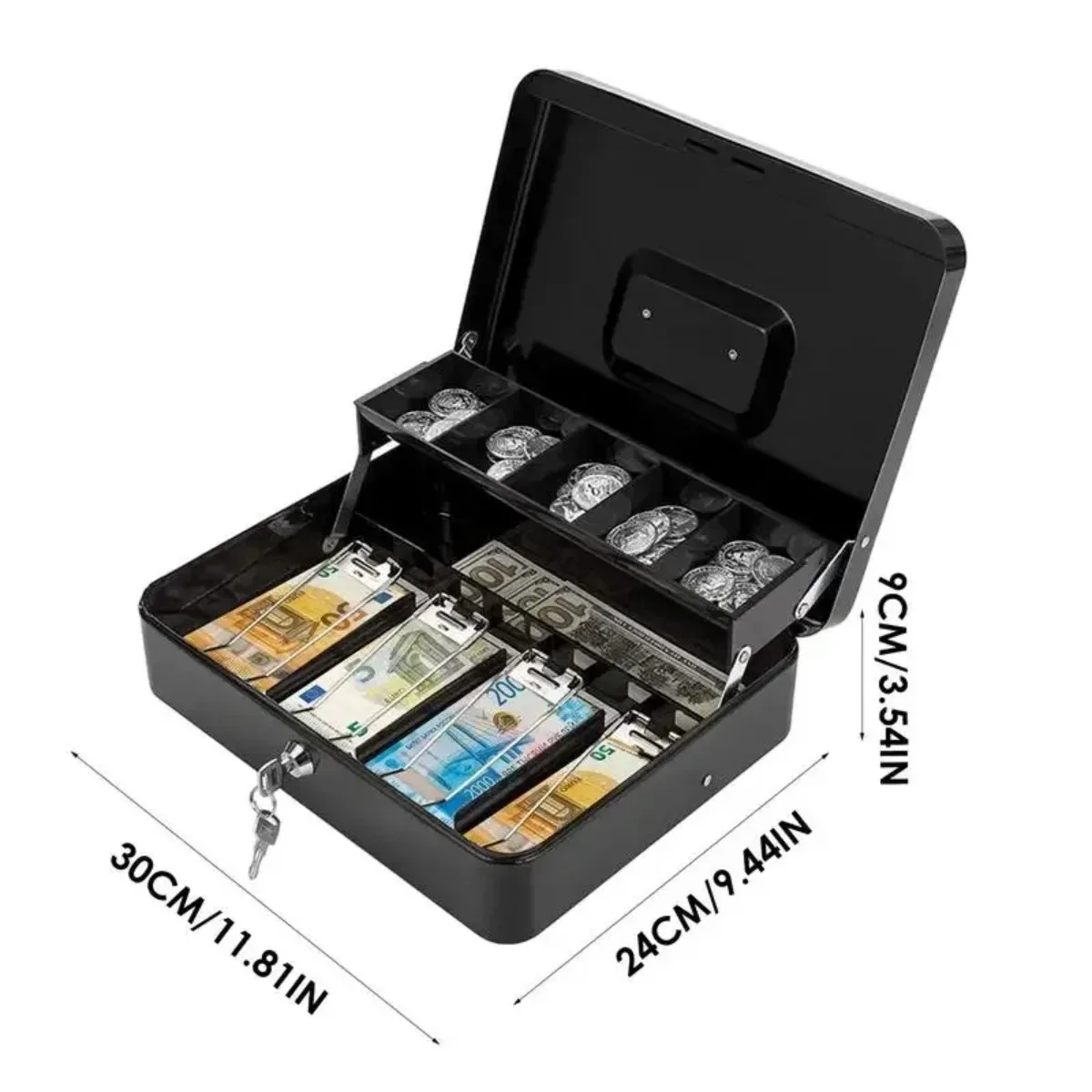 Cash Box with Lock Metal Money Organizer Cash Storage Box with Tray 4 Bill 5 Coin Slots Portable Safe Saving Box for Home Office