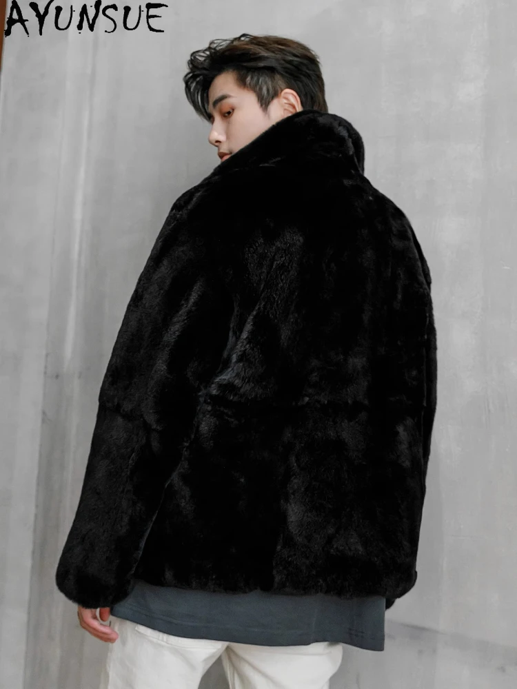 AYUNSUE Imported Rex Rabbit Fur Jacket for Men Casual Winter High-end Natural Fur Coat Man Clothing Black Fur Coats and Jackets