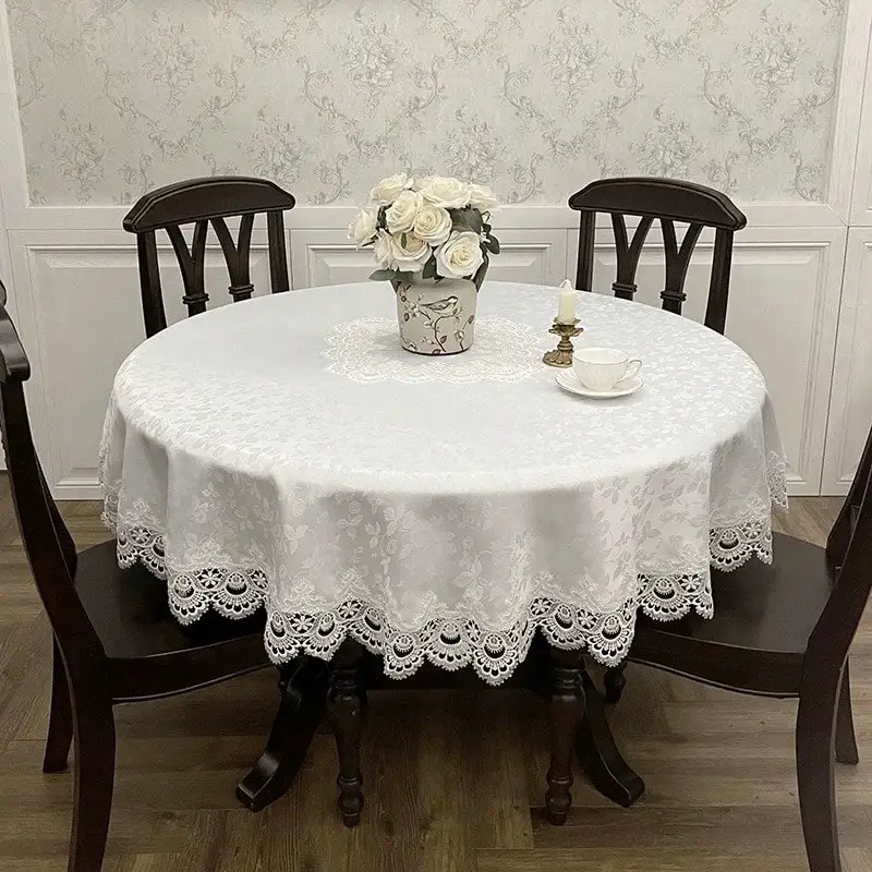 1 Piece of White Lace-Edged Embroidered Tablecloth, Modern Style Polyester Fiber Round Jacquard Lace Heat-Resistant and Dust-Proof Tablecloth, Suitable for Round Tables for Daily Home Use and Wedding Parties and Festivals