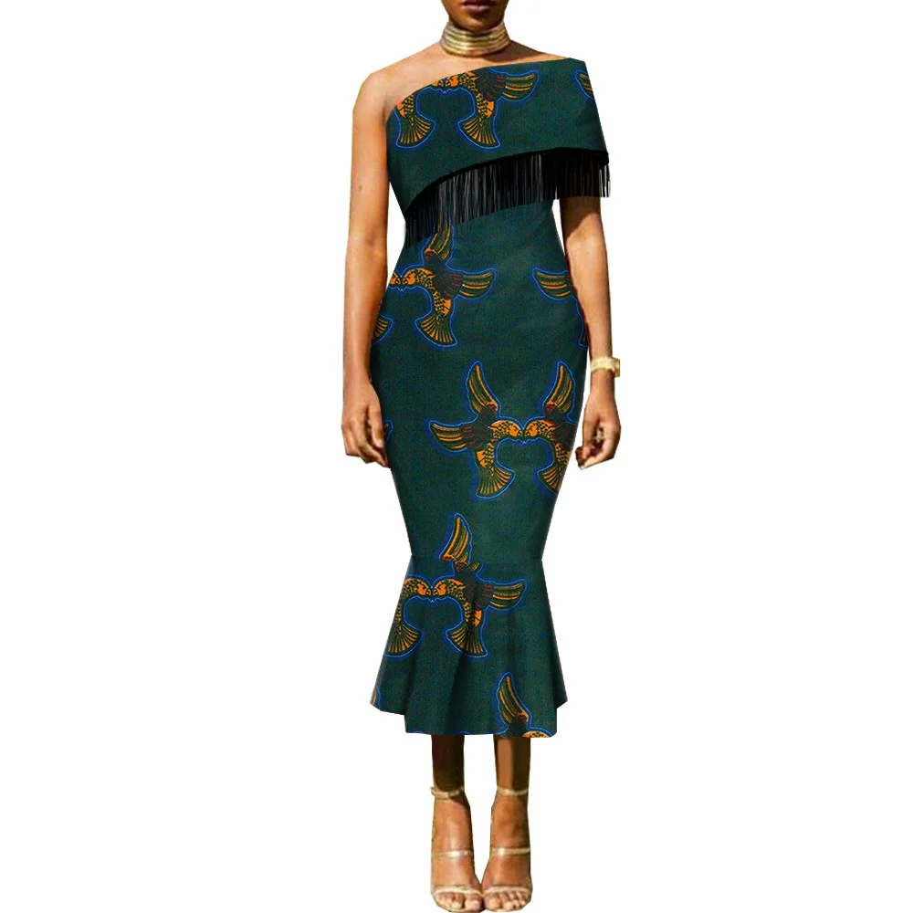 

Fashion African Dresses for Women Tassel Short Sleeve Off Shoulder High Waist Ankara Print Attire Party Elegant Maxi Dress