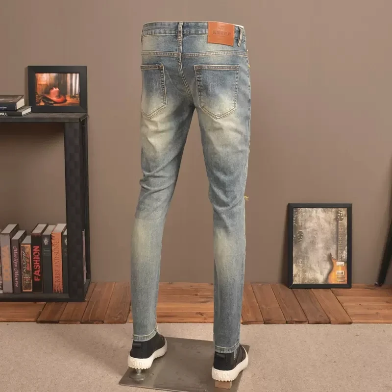 Fashion Designer Men Jeans High Quality Retro Washed Elastic Slim Fit Hole Ripped Jeans Men Patched Vintage Denim Pants Hombre