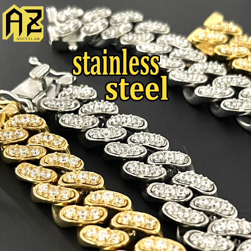 12mm Stainless Steel Diamond Zircon Bracelet  Necklace Cuban Chain Iced Out For Men Women Fashion Hip Hop Jewelry Free Shipping