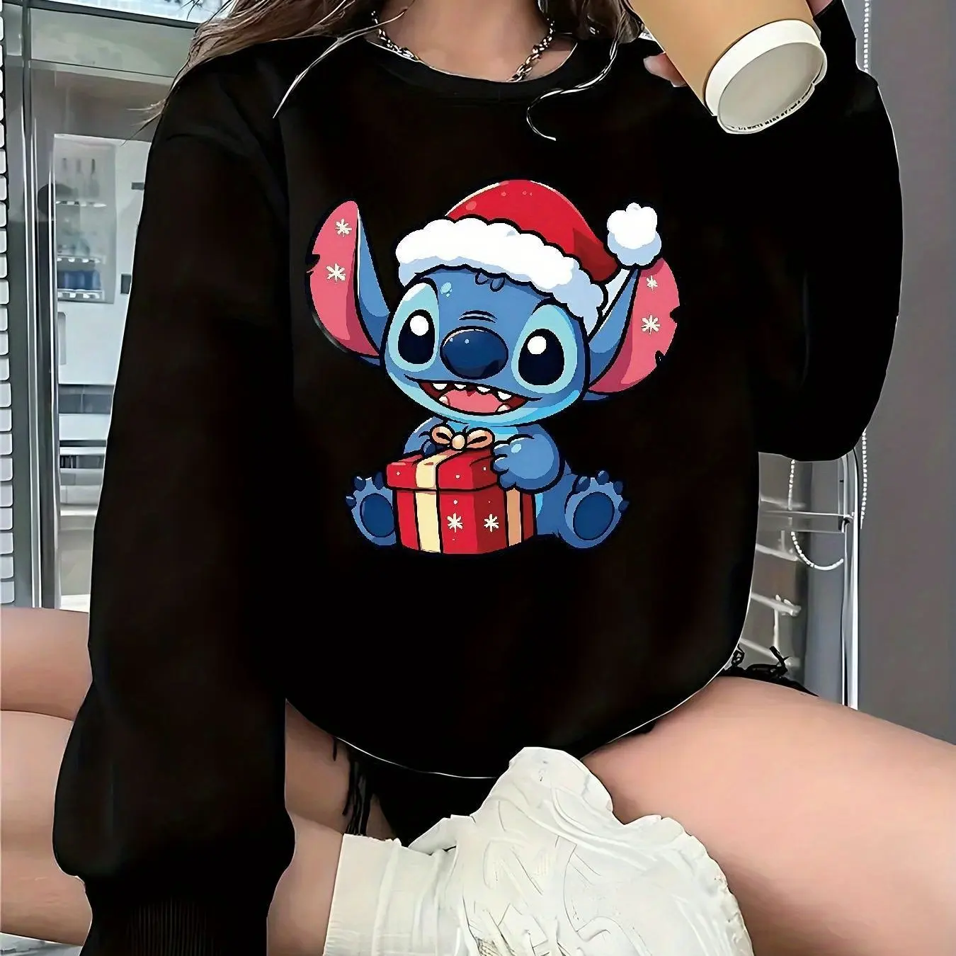 المرأة ديزني غرزة عيد الميلاد البلوز سترة أزياء المتضخم للجنسين طاقم الرقبة سترة الخريف والشتاء الصوف عارضة