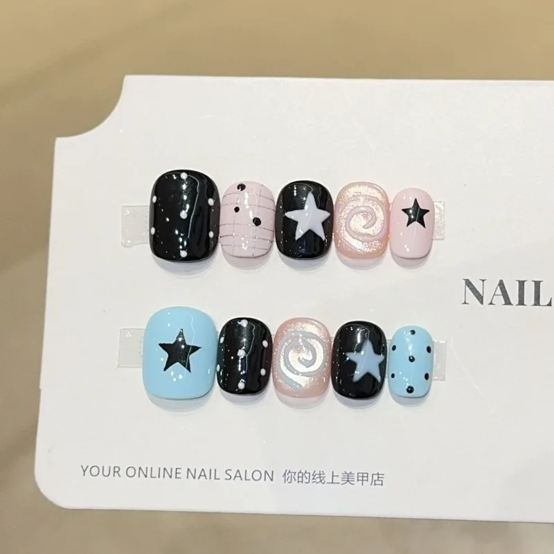 10pcs Handmade Nail Cat-eye Short-style Striped Polka-dot and Star Designs Press-on Nails Perfect As Gifts for Girls and Friends