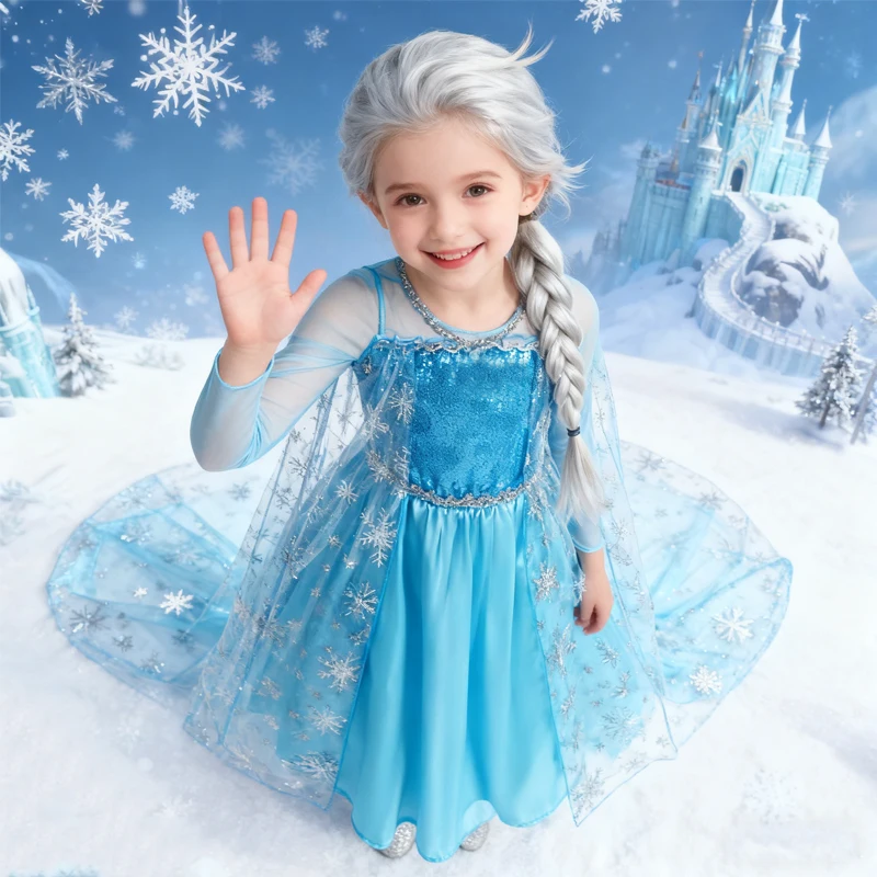 Robe Elsa Cosplay robe de princesse bleu clair à manches longues paillettes enfants robes carnaval fête robe de soirée robe pour les filles