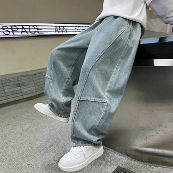 4-12Years Boys Jeans New Wide Straight Leg Denim Pant Children Spring Autumn Big Kids Handsome Cotton Sports Pants 2
