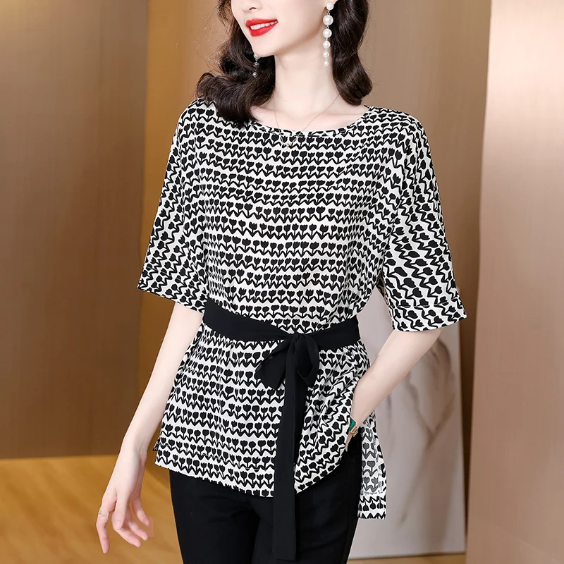 Summer Loose Silk Long Shirts Women Blouses Casual Bandage Short Sleeve Tops Striped Plaid Leopard Print Female Blouse