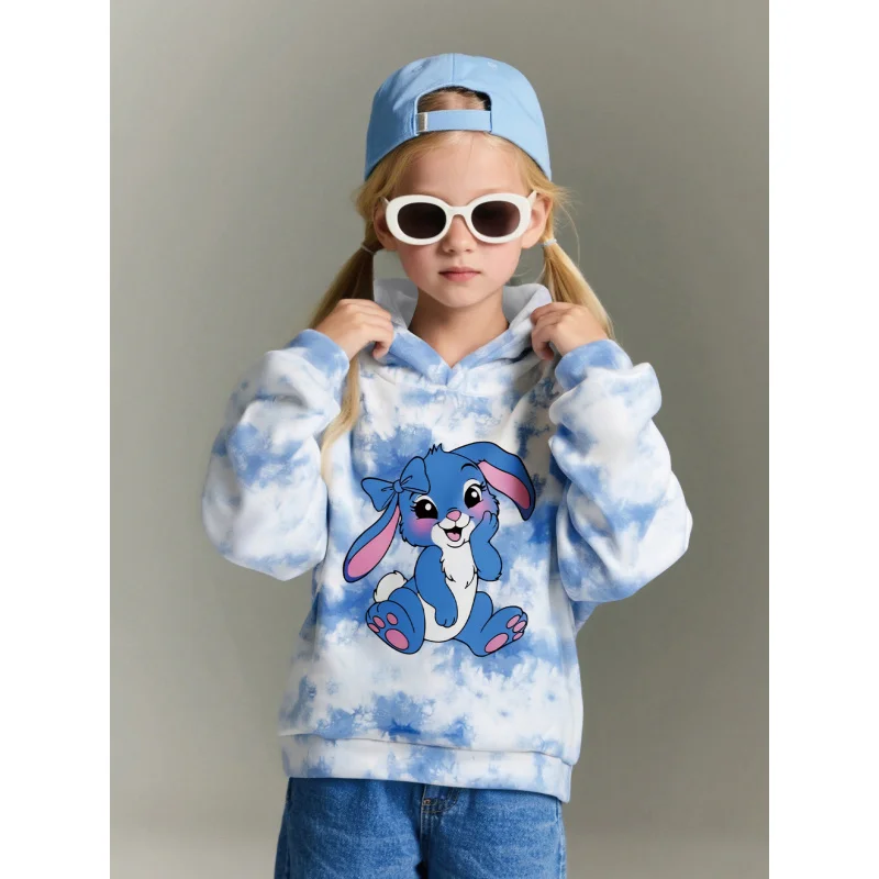 

2025 Girls Cartoon Rabbit Tie Dye Fashion Casual Hooded Sweatshirt