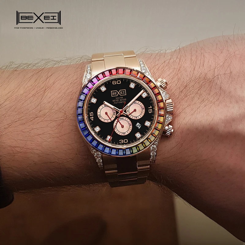 BEXEI 2025 Arcobaleno Lunetta in cristallo Movimento automatico moda meccanica Orologio da uomo Scheletro di lusso con zaffiro sintetico impermeabile