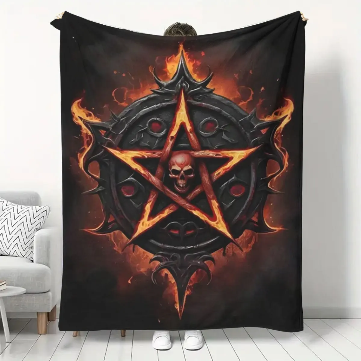 Dark Magic Pentagram Skull Throw Blanket Gothic Occult Style Witchcraft Decor Cozy Fleece Winter Wrap Halloween Gift for Him Her