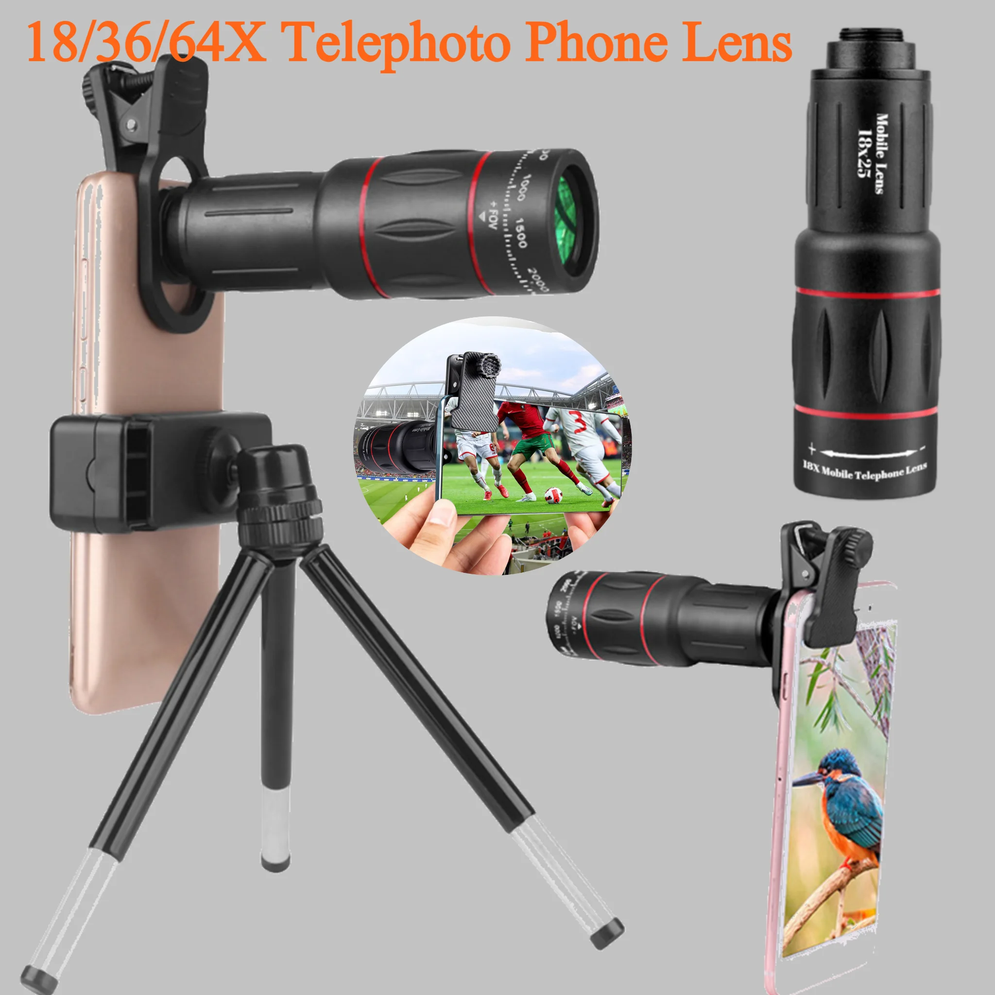 18/36/64X Telephoto Phone Lens with Tripod/Phone Clip Long Focus Universal External Zoom Cellphone Camera Lens for Sport Hunting