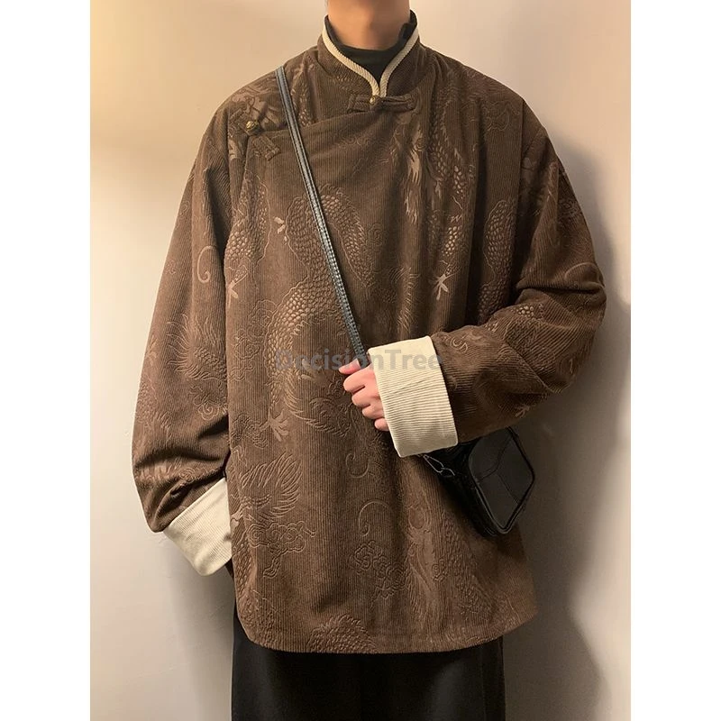 

Винтажный мужской топ 2025 года, темперамент, элегантный красивый китайский костюм-туника с наклонным воротником и пряжкой в виде диска, китайская куртка