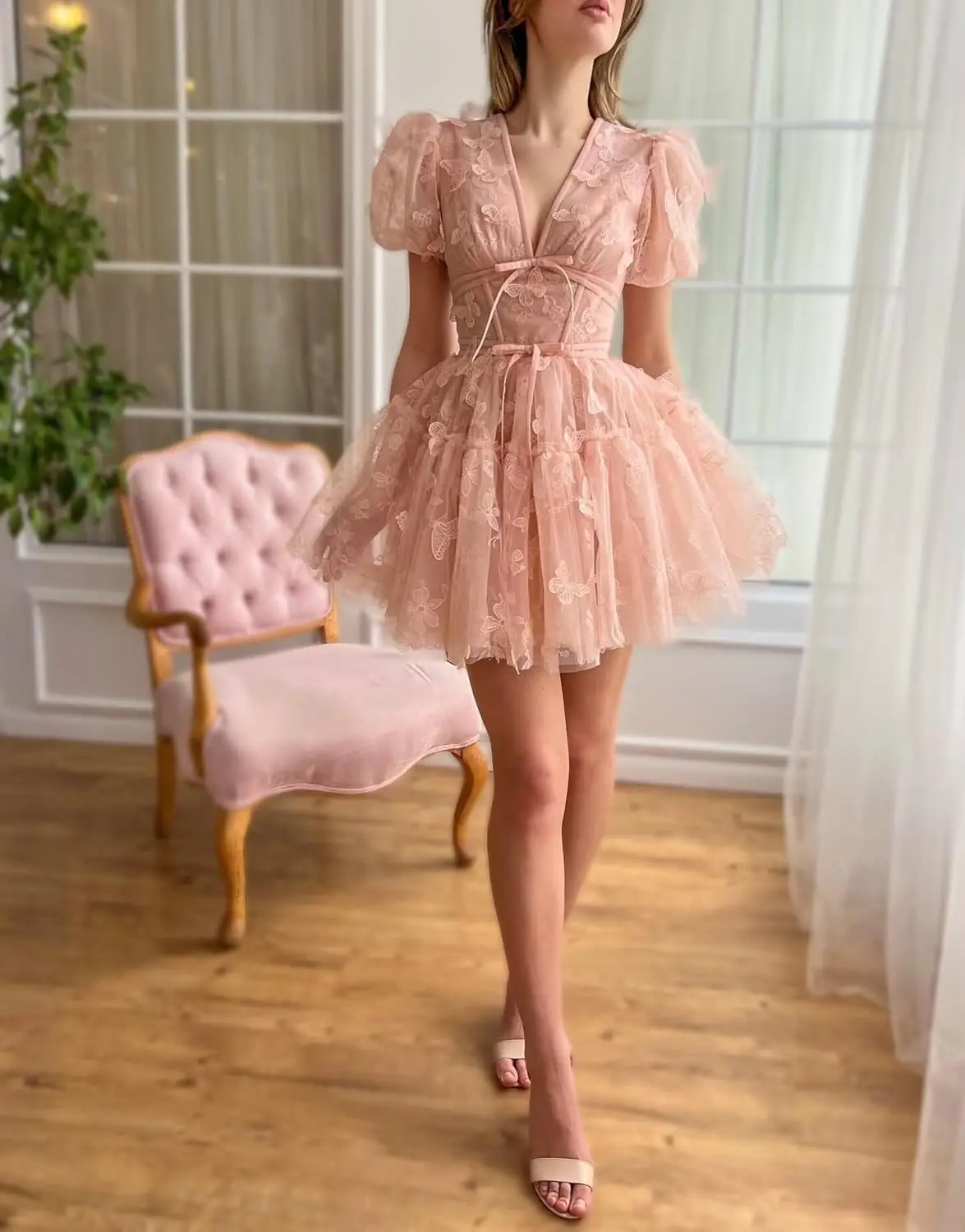 ButterflyKnot Querida Minissaia Fofo Vestido de Dança Formal para Adolescentes 3DButterfly Lace Applique Chiffon BackTo School Vestido