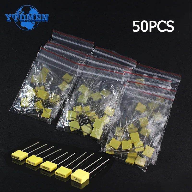 50 sztuk kondensator polipropylenowy 100V polipropylenowy bezpieczny zestaw kondensatorów korekcyjnych z folii plastikowej 1nF ~ 0,47uF 102J 103J 473J 224J474J