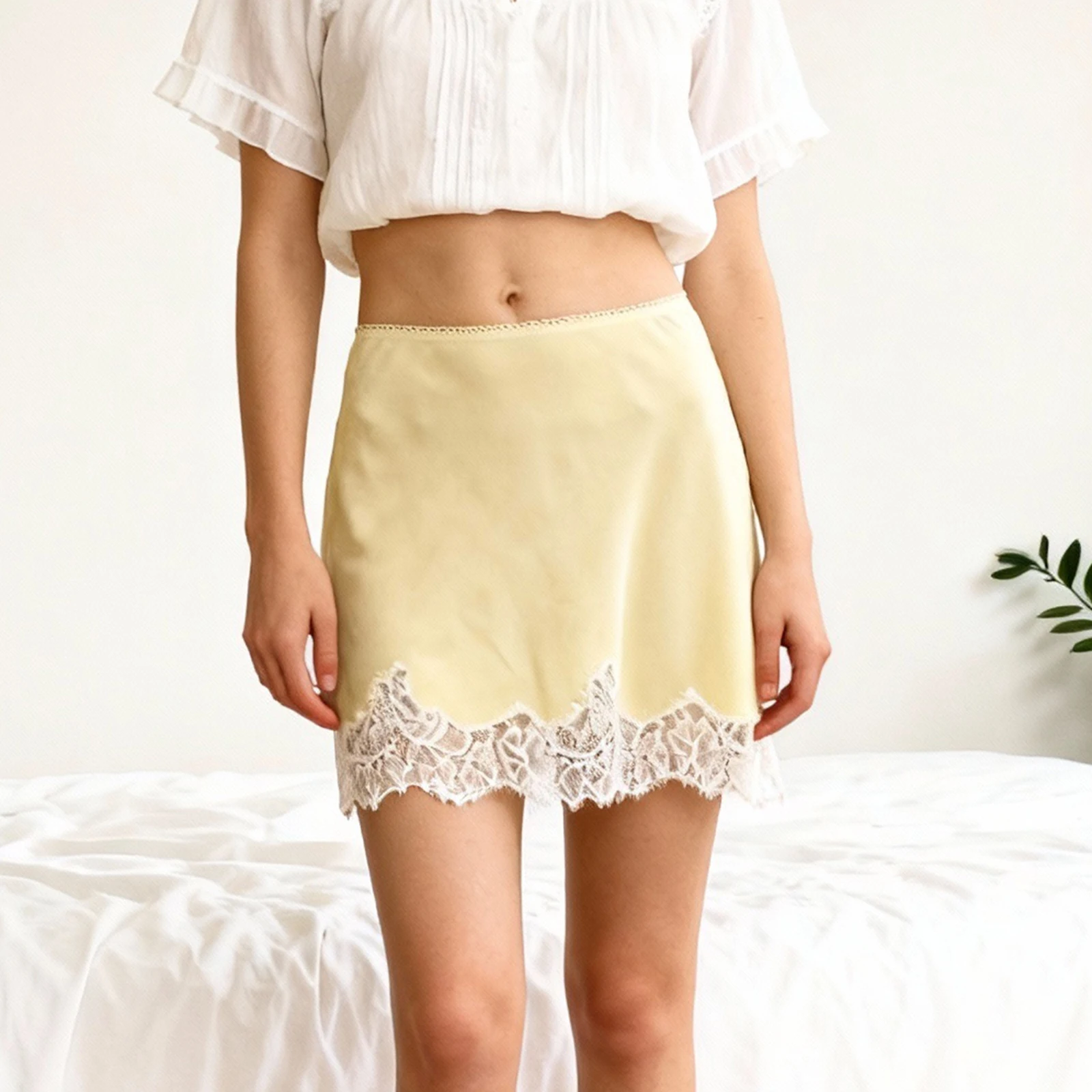 Women's Satin Mini Skirt Elegant Patchwork Lace Trimmed High Waisted A Line Skirts for Party Work Daily Wear