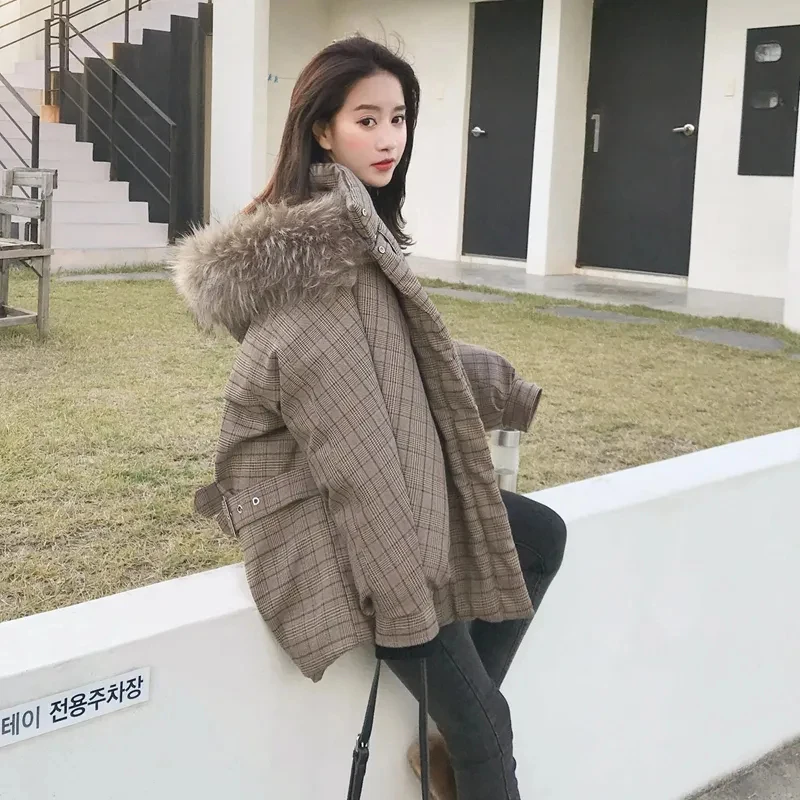 Gidyq Winter Women Plaid Parkas Fashion Korean Streetwear Female Patchwork Fur Puffer Coats Bandage Loose Hooded Puffey Jacket